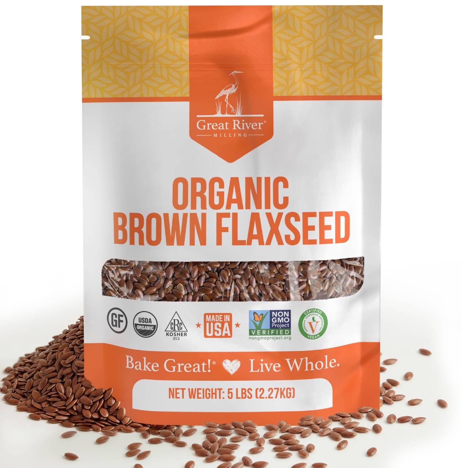 Great River Milling Organic Brown Flaxseed in a 5 lb resealable bag features a clear window showing glossy brown seeds. The packaging highlights its organic and non-GMO certifications