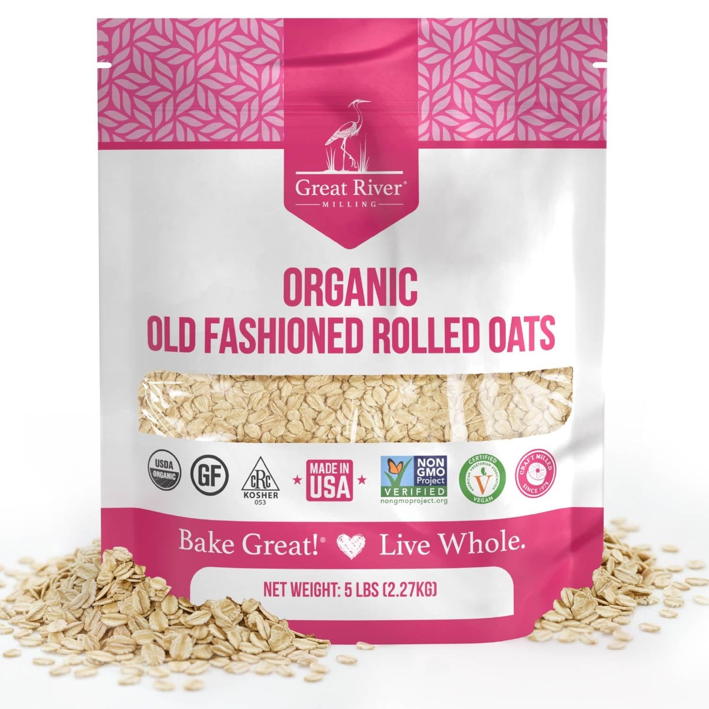 Organic Old-Fashioned Rolled Oats by Great River Milling in a five pound bag
