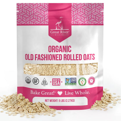 Organic Old-Fashioned Rolled Oats by Great River Milling in a five pound bag
