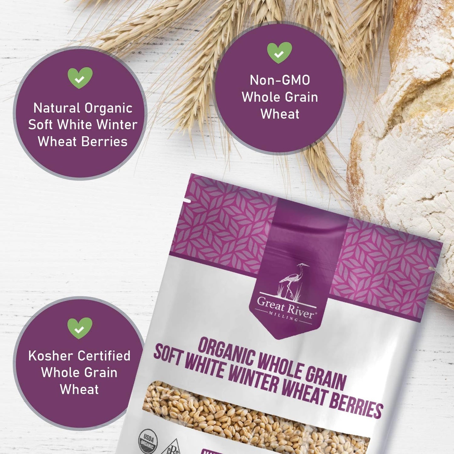 Organic Soft White Wheat Berries bag from Great River Milling with whole wheat grains