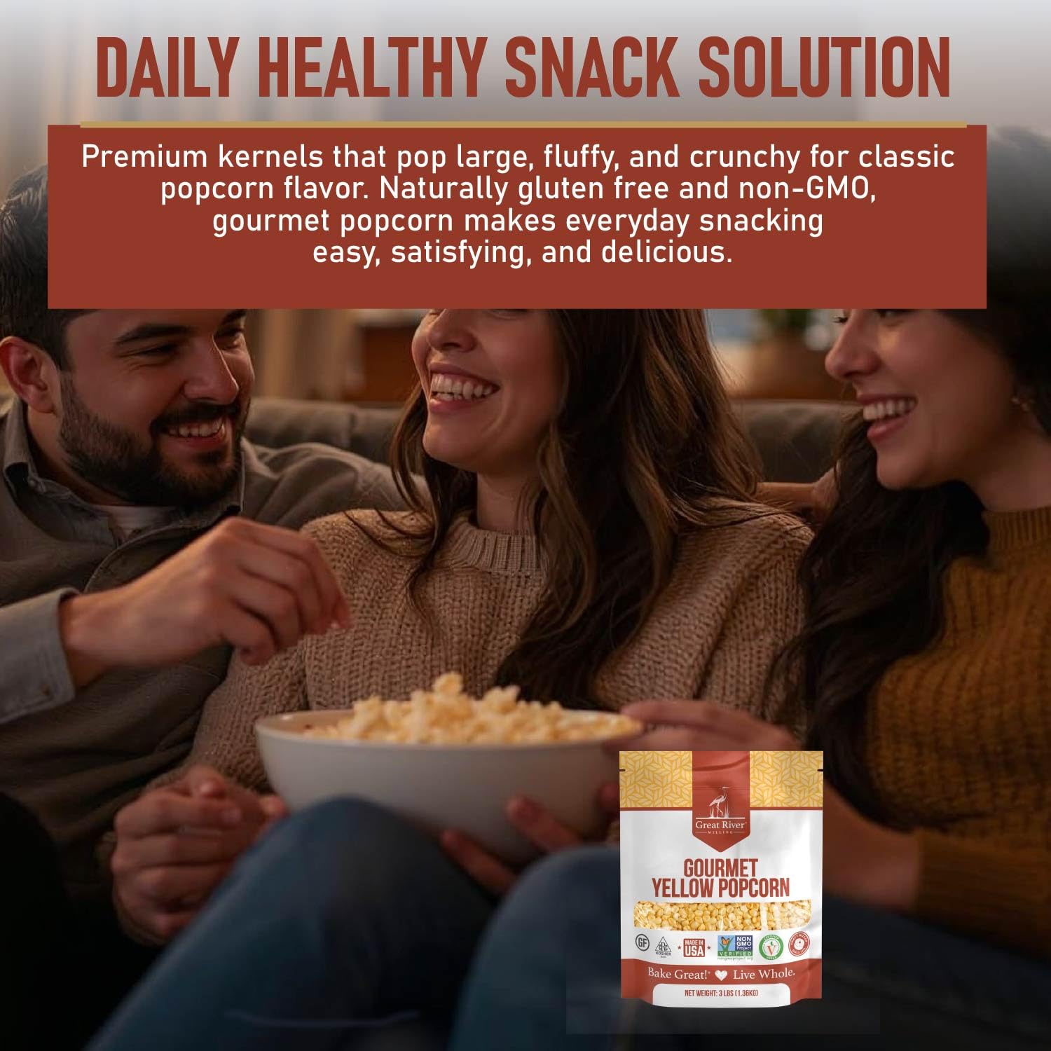 A bag of Great River Milling Gourmet Yellow Popcorn Kernels is displayed in the foreground, with friends enjoying a bowl of popcorn in a cozy setting in the background