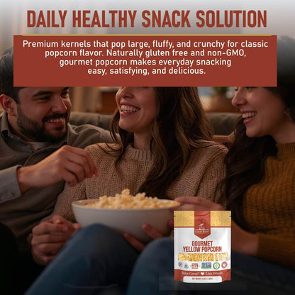 A bag of Great River Milling Gourmet Yellow Popcorn Kernels is displayed in the foreground, with friends enjoying a bowl of popcorn in a cozy setting in the background