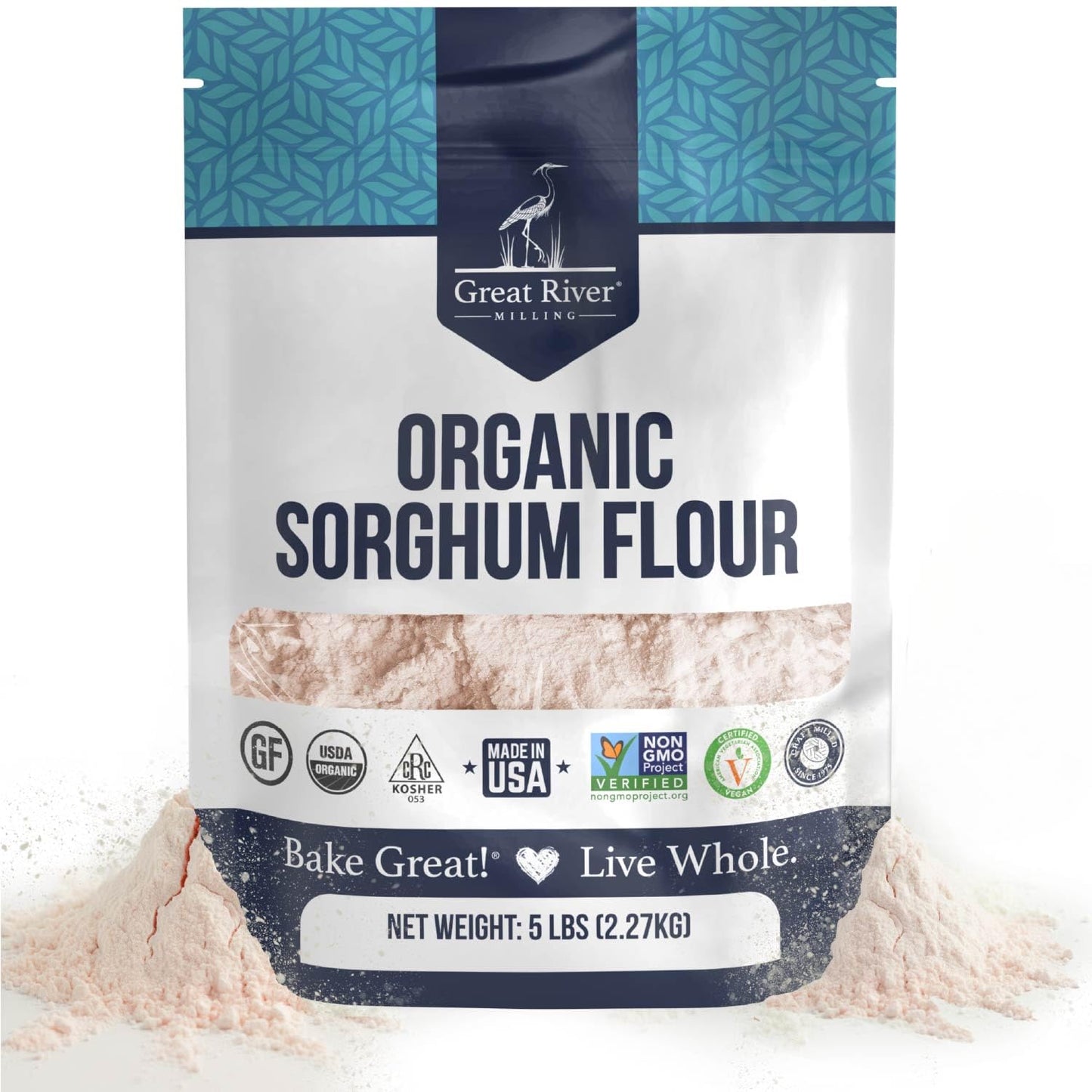 A 25 lb bag of Great River Milling Organic Sorghum Flour with a blue and white design, featuring various certification logos and "Bake Great! Live Whole" slogan