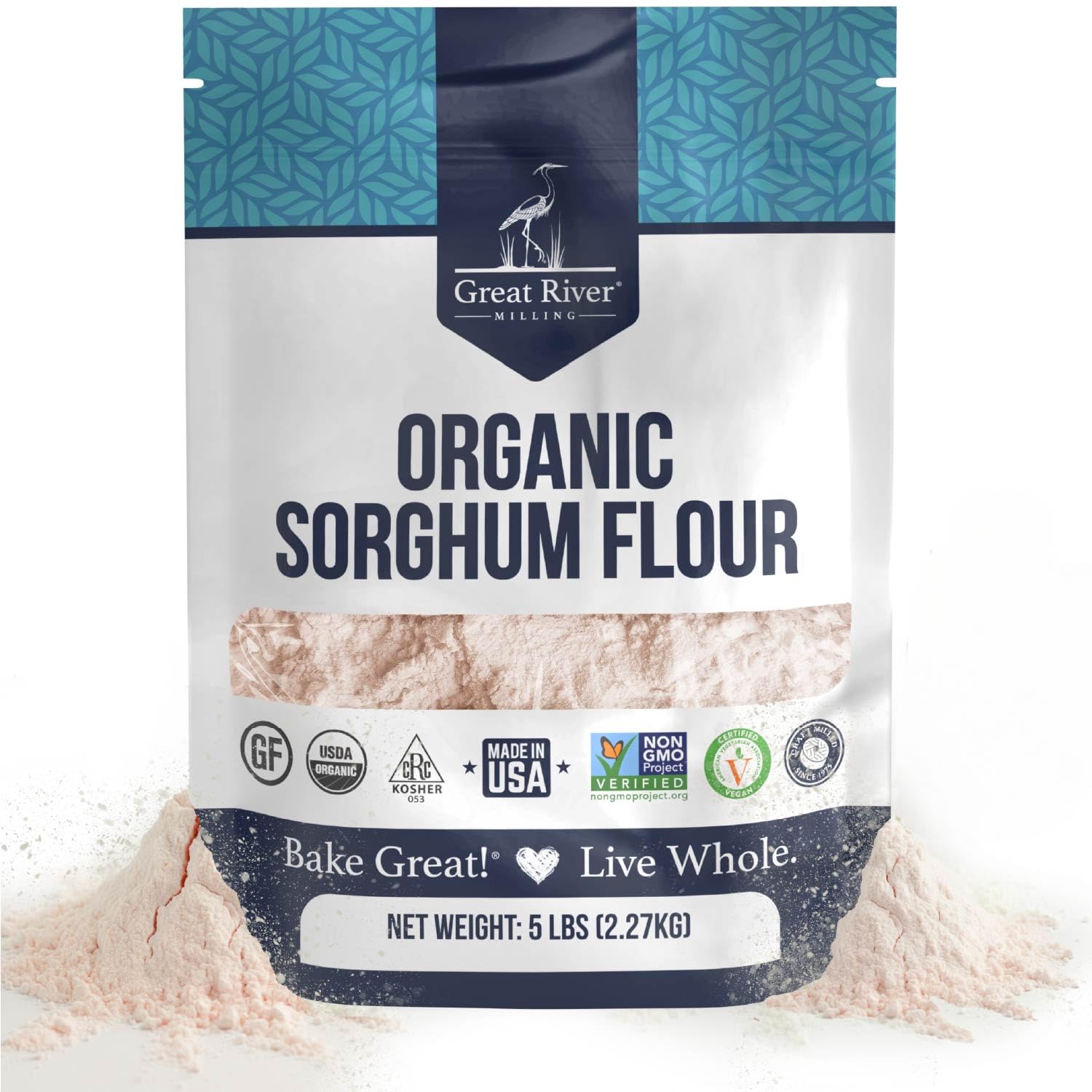 A 25 lb bag of Great River Milling Organic Sorghum Flour with a blue and white design, featuring various certification logos and "Bake Great! Live Whole" slogan