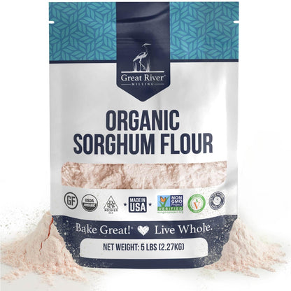 A 25 lb bag of Great River Milling Organic Sorghum Flour with a blue and white design, featuring various certification logos and "Bake Great! Live Whole" slogan
