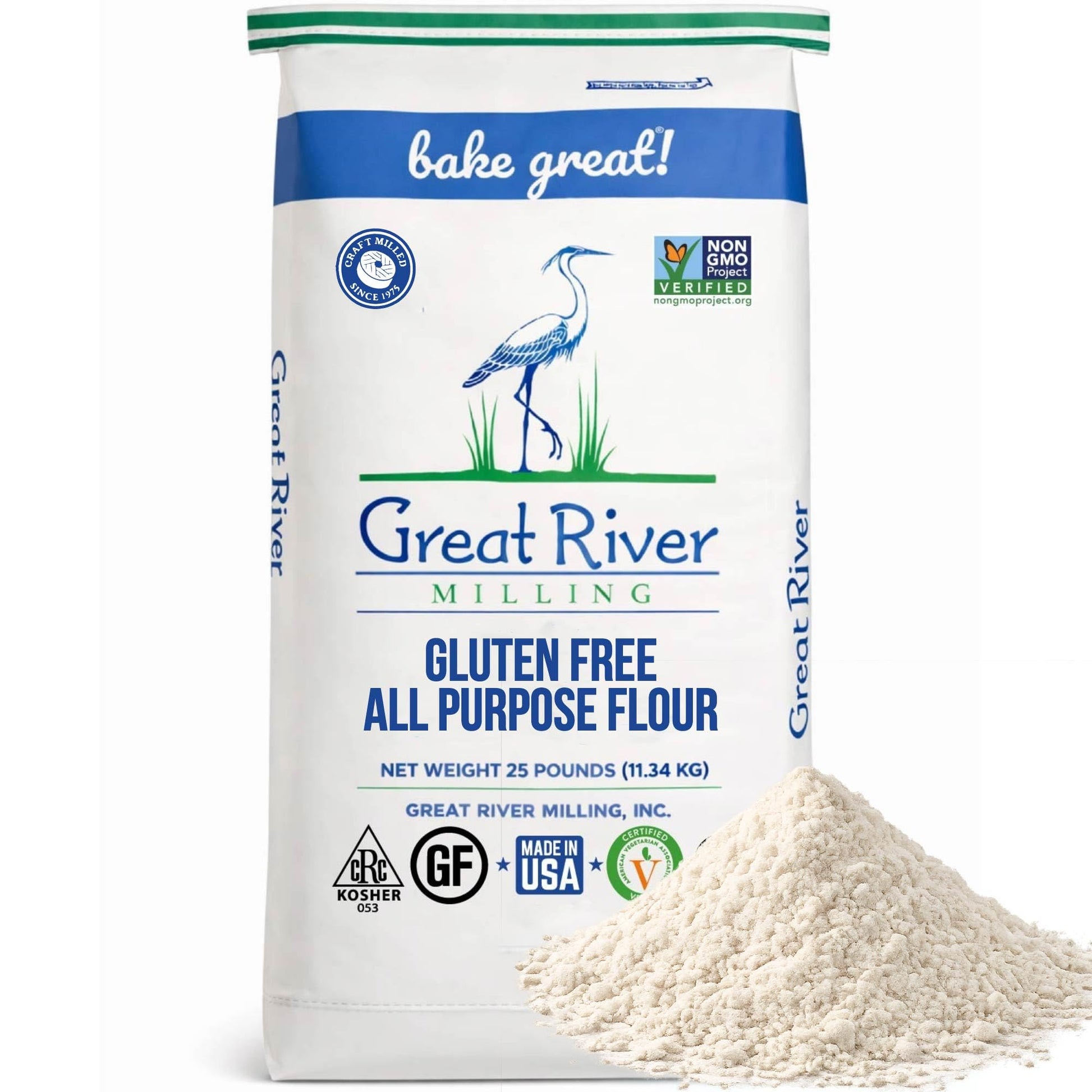 Great River Milling All-Purpose Baking Blend gluten free flour bag with loose flour beside it