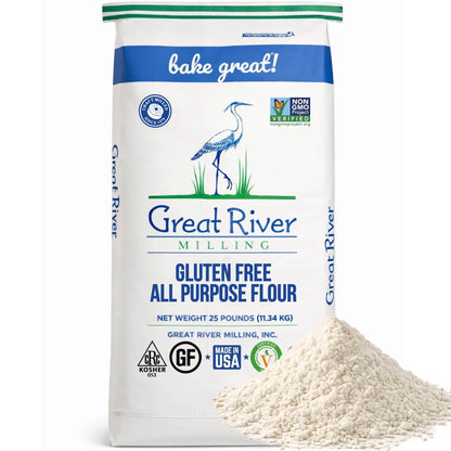 Great River Milling All-Purpose Baking Blend gluten free flour bag with loose flour beside it