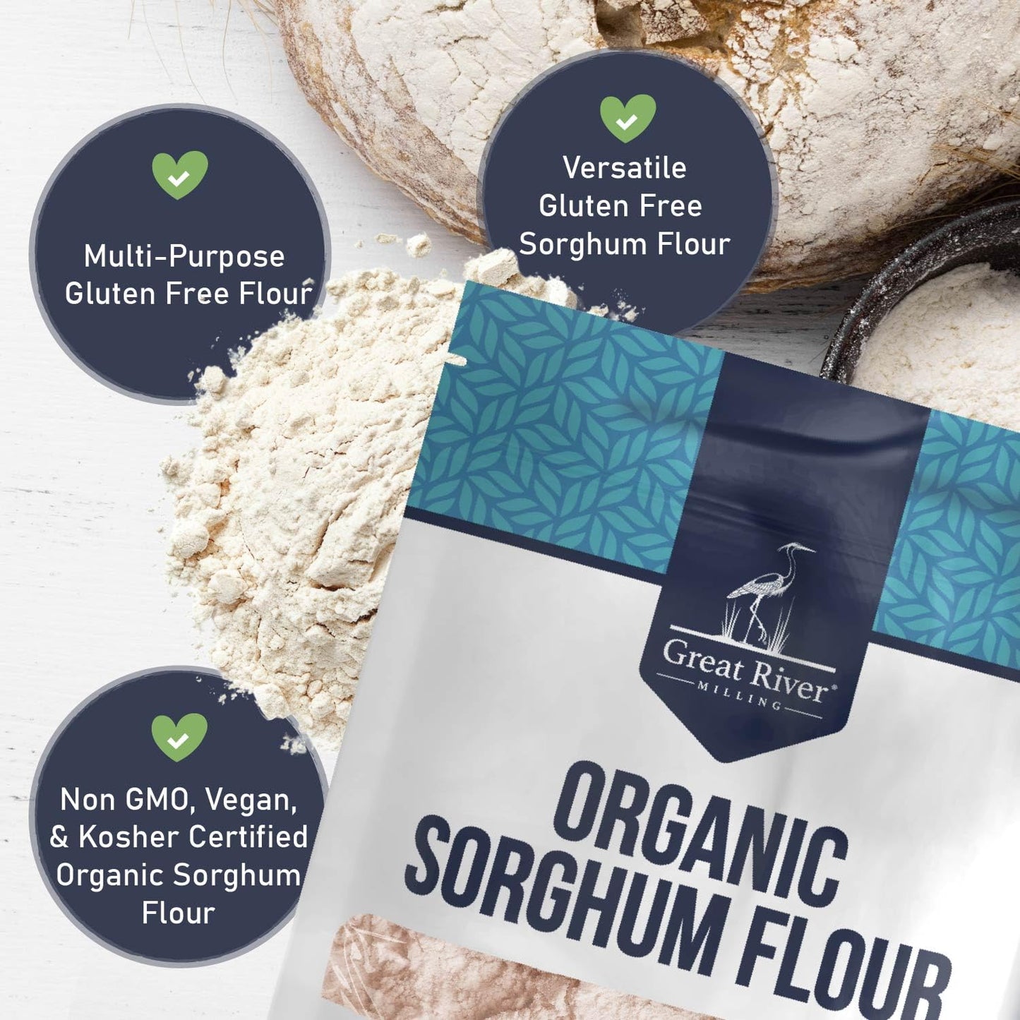 The Great River Milling Organic Sorghum Flour package is displayed against a backdrop of scattered flour and bread. The packaging features a blue geometric pattern