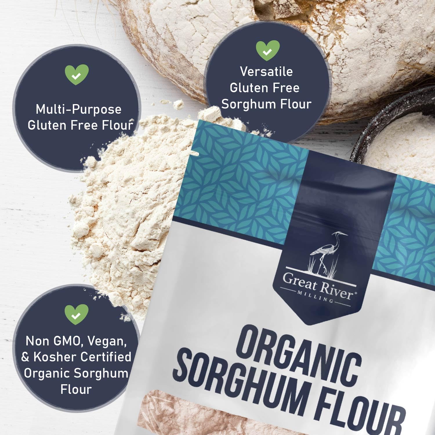 The Great River Milling Organic Sorghum Flour package is displayed against a backdrop of scattered flour and bread. The packaging features a blue geometric pattern