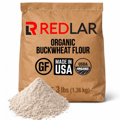 Redlar Fine Organic Buckwheat Flour bag with a mound of flour from Great River Milling