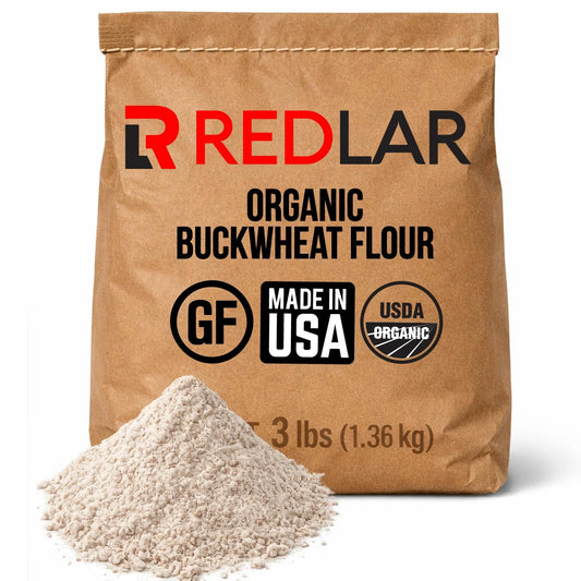 Redlar Fine Organic Buckwheat Flour bag with a mound of flour from Great River Milling