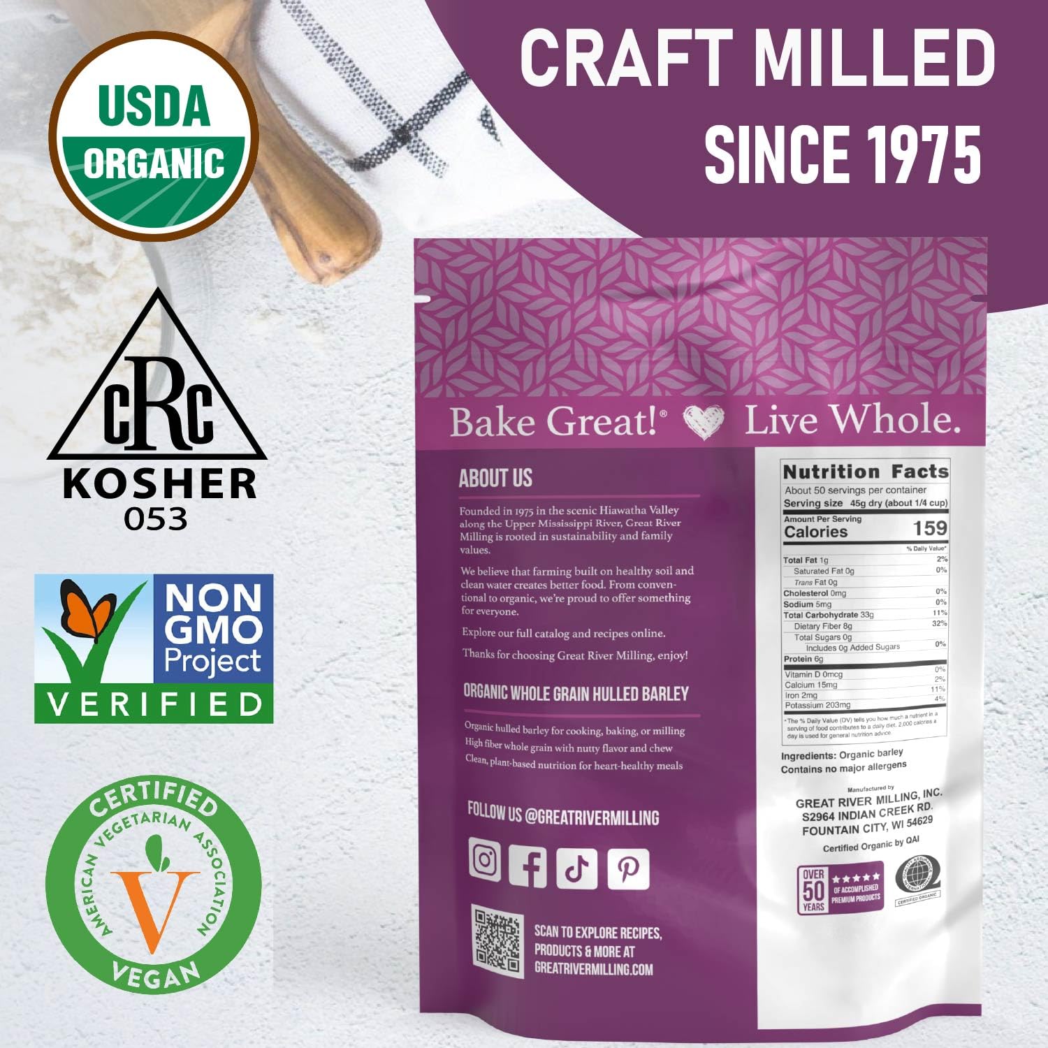 The Great River Milling Organic Hulled Barley is packaged in a 25 lb bag featuring a purple design with nutritional facts. It is certified organic, non-GMO, and vegan