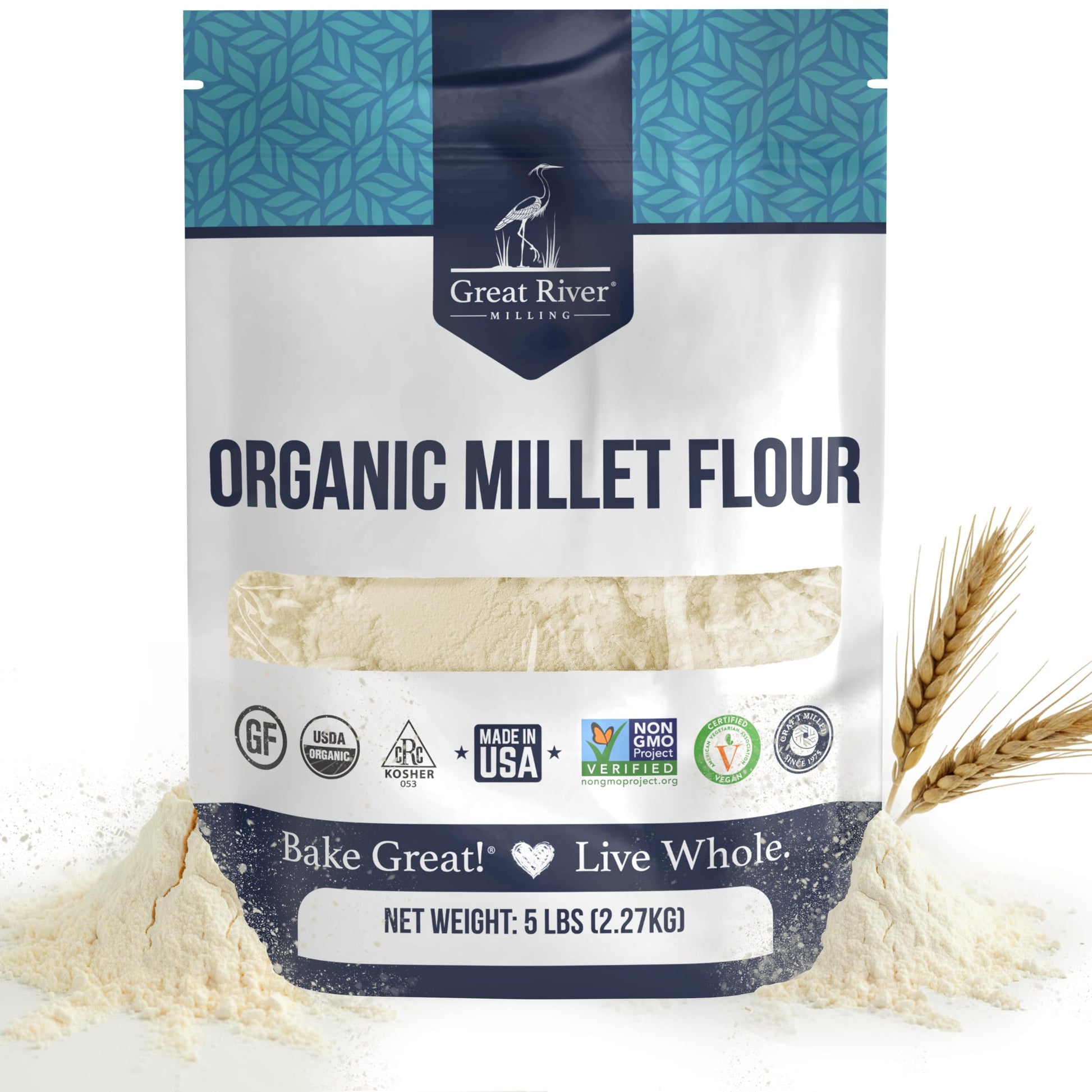 Organic Millet Flour bag by Great River Milling with gluten free flour packaging