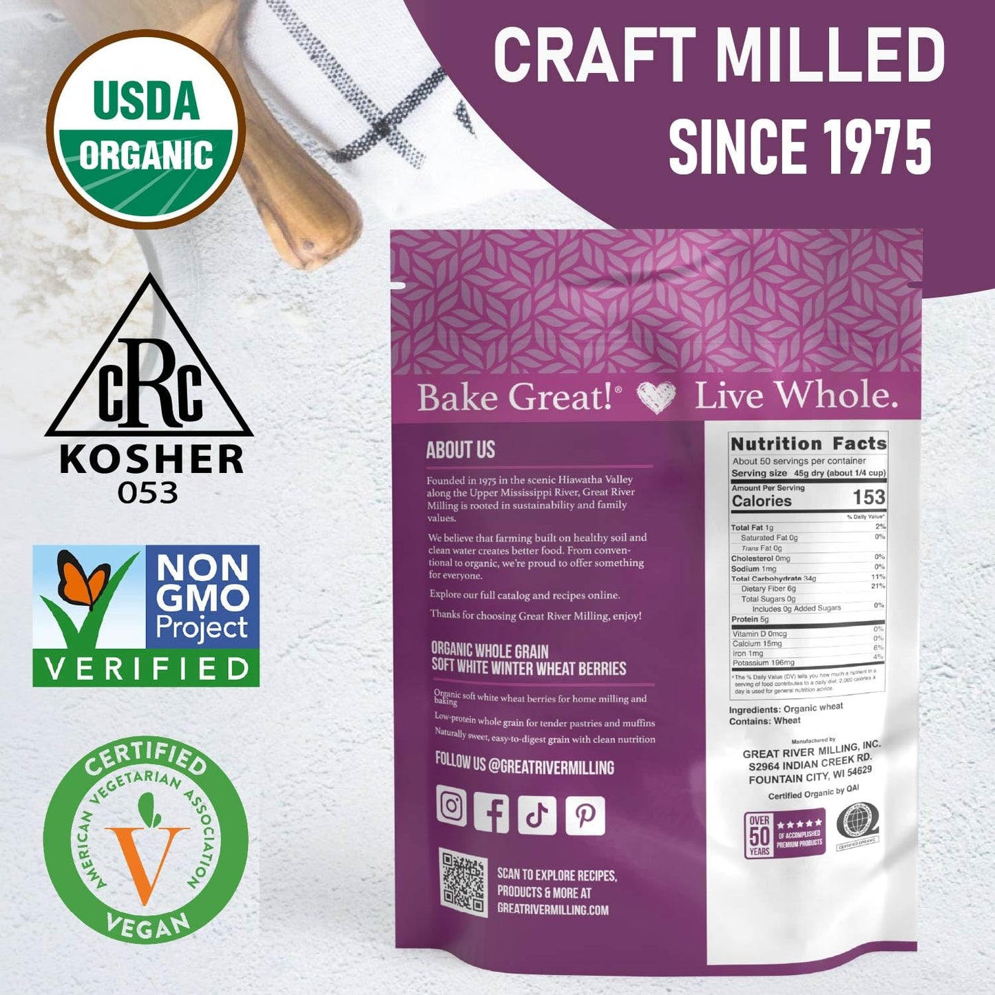 Organic Soft White Wheat Berries by Great River Milling in a resealable bag