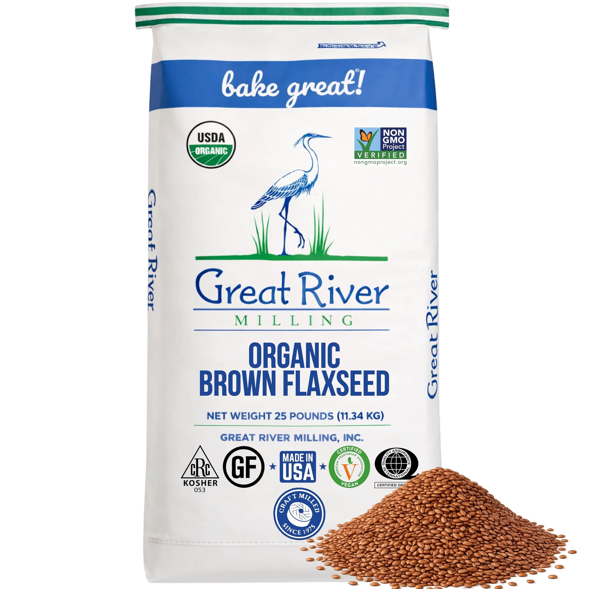 A 25 lb bag of Great River Milling Organic Brown Flaxseed, featuring a white background with blue and green branding, and various certification logos. A small pile of brown flaxseeds is shown beside the bag
