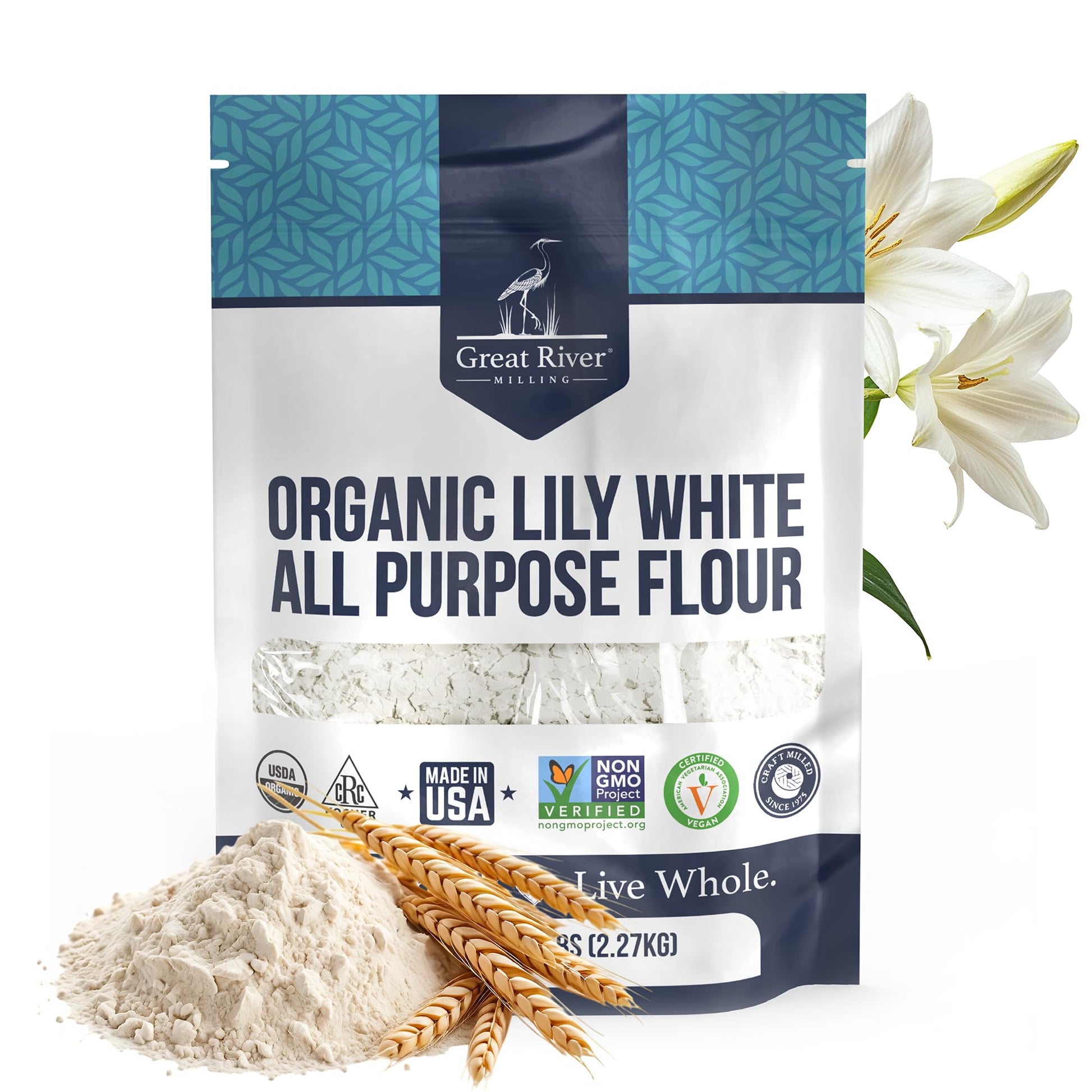 Great River Milling Organic Lily White All-Purpose Flour in a blue and white 25 lb bag, adorned with certification logos, wheat stalks, and a lily flower