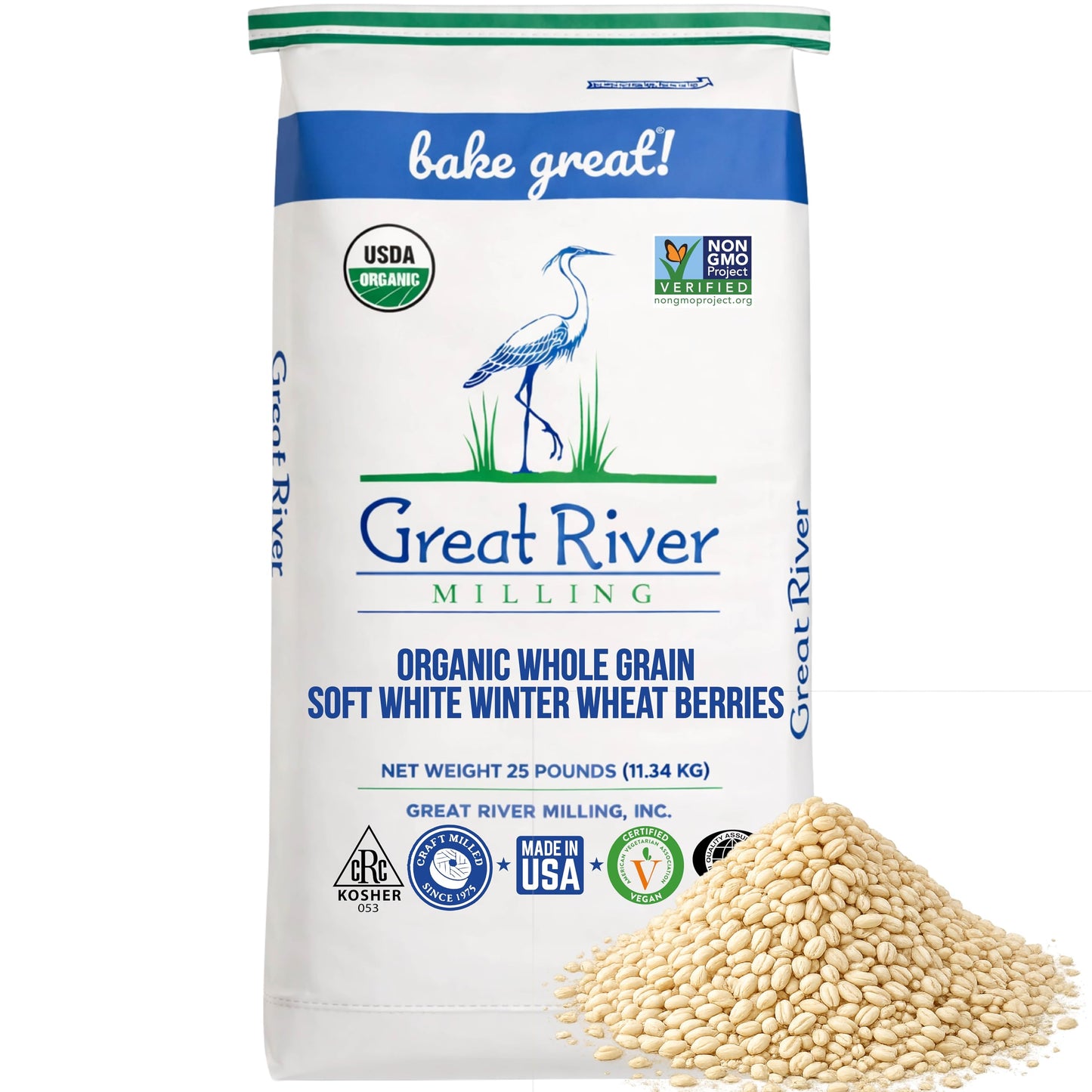Organic Soft White Wheat Berries bag with loose wheat grains from Great River Milling