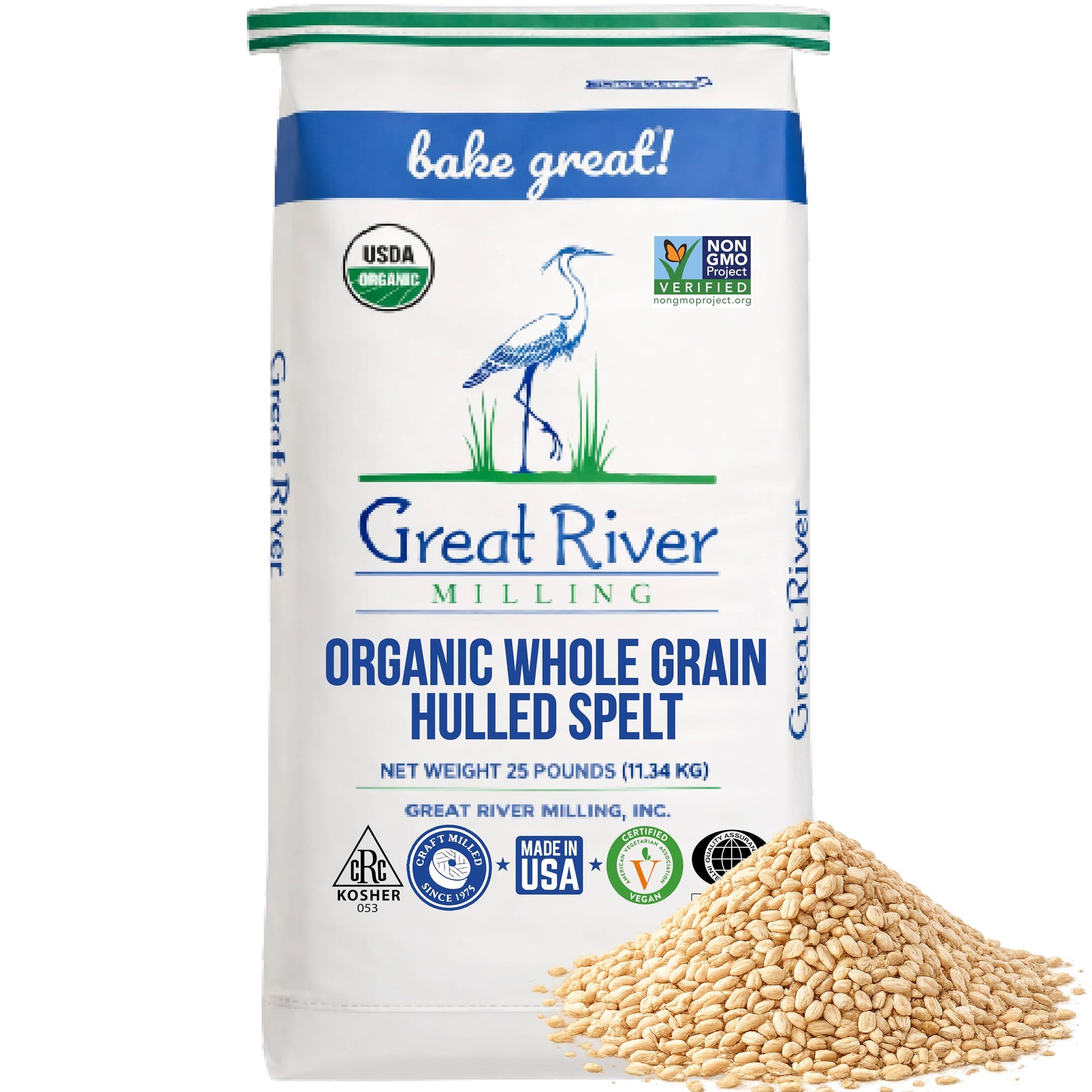 Organic Hulled Spelt Berries by Great River Milling in a bulk bag with loose spelt berries