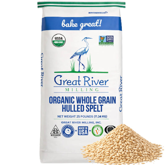 Organic Hulled Spelt Berries by Great River Milling in a bulk bag with loose spelt berries