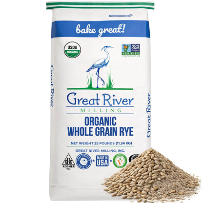Organic Rye Berries in a Great River Milling bag with whole rye grains beside it