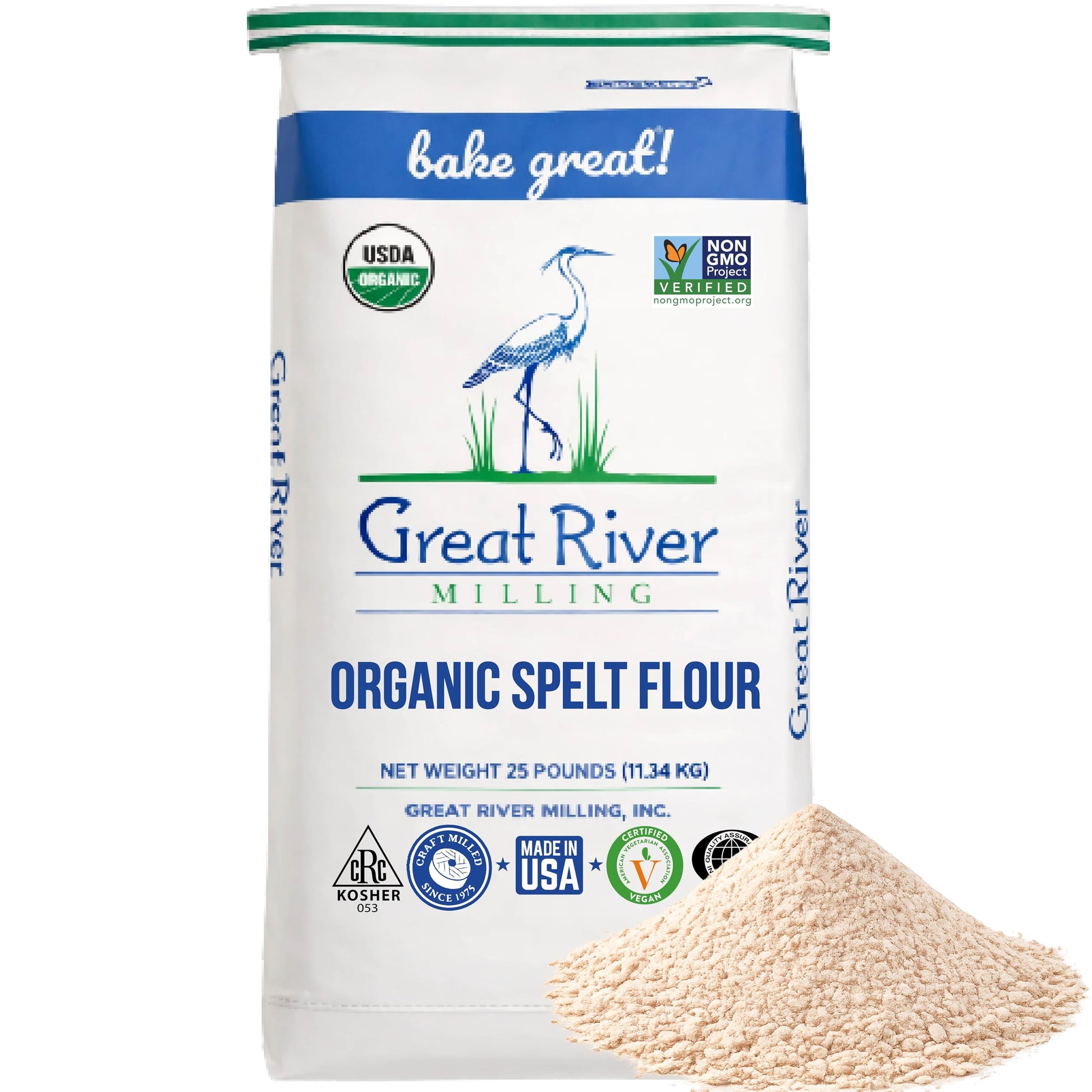 A 25-pound bag of Organic Spelt Flour, certified USDA Organic, Kosher, and Non-GMO. This premium bulk ancient wheat flour is a nutritious choice for your kitchen, with a mound of organic spelt flour shown in front of the bag.