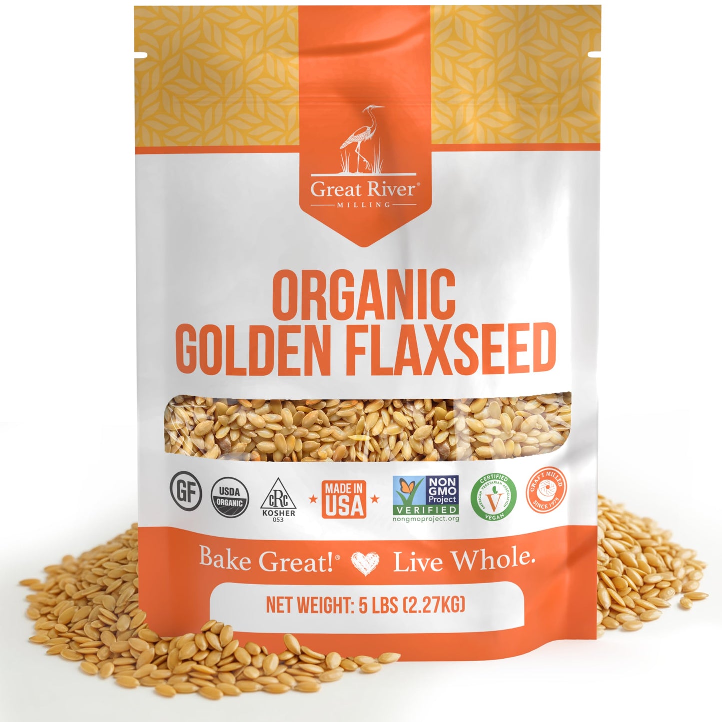 A 5 lb bag of Organic Golden Flaxseed is pictured amidst whole flaxseeds. Ideal for those seeking bulk options, the package features certifications including USDA Organic, non-GMO, and Made in the USA.