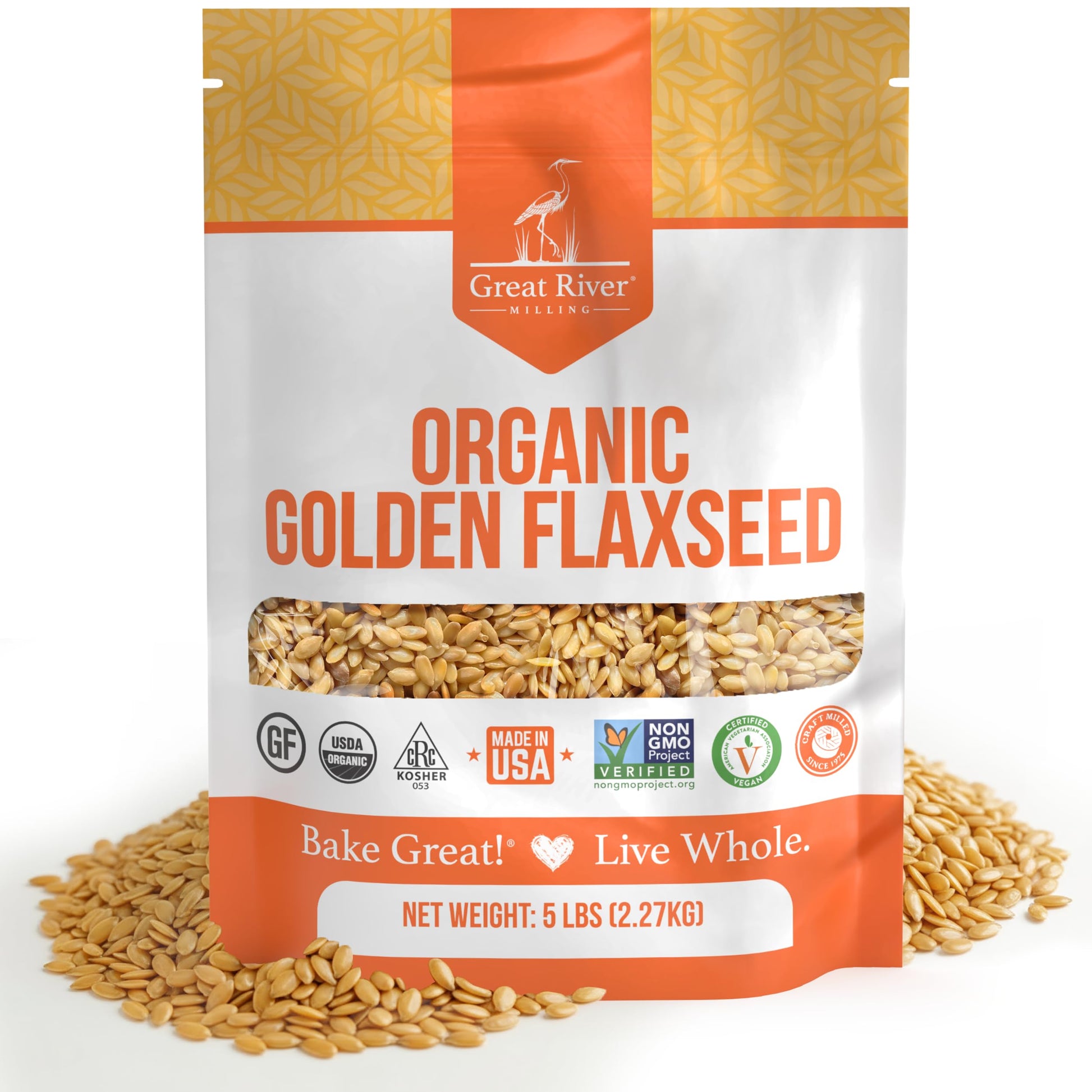 A 5 lb bag of Organic Golden Flaxseed is pictured amidst whole flaxseeds. Ideal for those seeking bulk options, the package features certifications including USDA Organic, non-GMO, and Made in the USA.