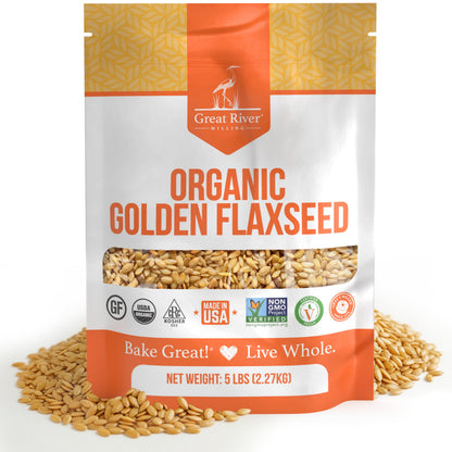 A 5 lb bag of Organic Golden Flaxseed is pictured amidst whole flaxseeds. Ideal for those seeking bulk options, the package features certifications including USDA Organic, non-GMO, and Made in the USA.