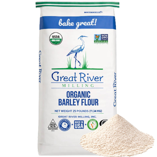 Great River Milling Organic Barley Flour in a 25 lb bag features a crane illustration and multiple certification logos, including USDA Organic and Non-GMO Verified