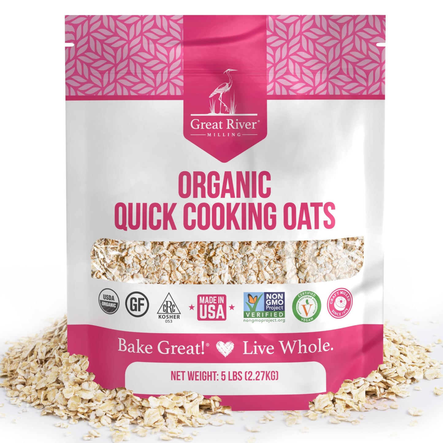 Organic Quick Cooking Rolled Oats by Great River Milling in a five pound bag
