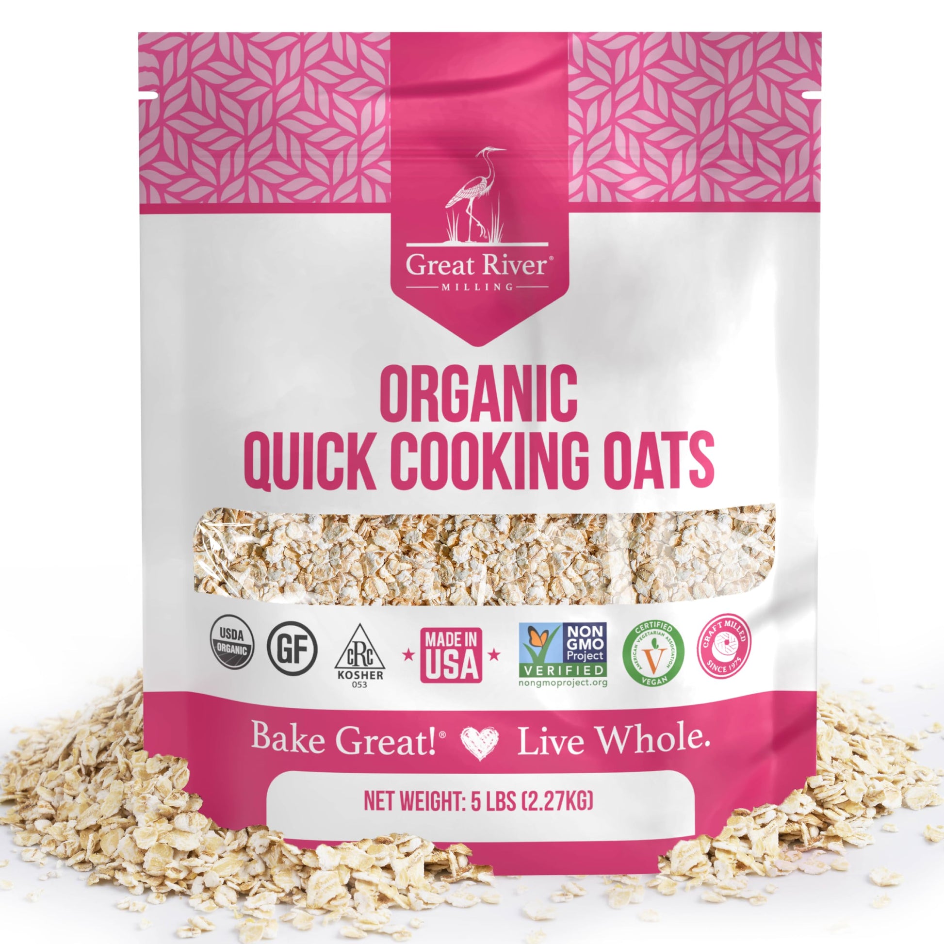 Organic Quick Cooking Rolled Oats by Great River Milling in a five pound bag