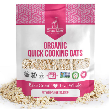 Organic Quick Cooking Rolled Oats by Great River Milling in a five pound bag