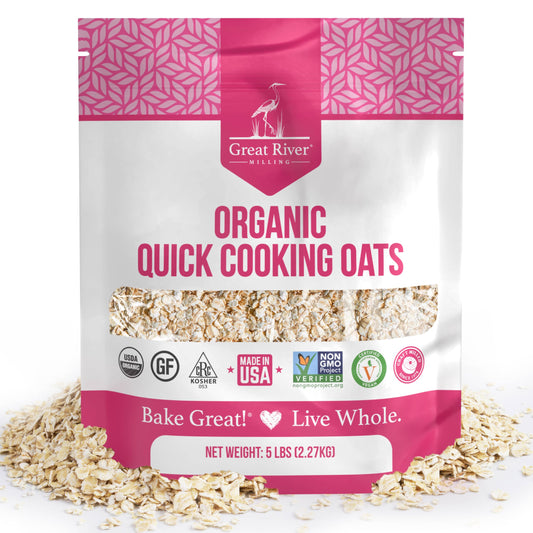 Organic Quick Cooking Rolled Oats by Great River Milling in a five pound bag