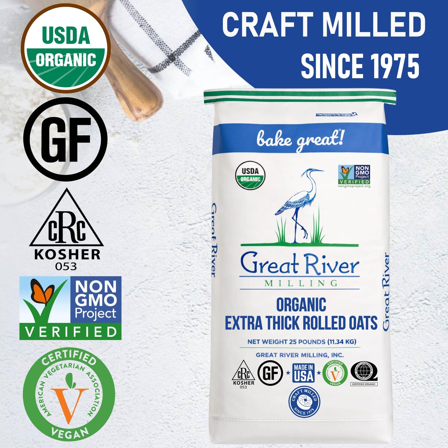 Great River Milling Organic Extra Thick Rolled Oats in a 25 lb white bag with blue accents, featuring various certification logos like USDA Organic and Non-GMO Project Verified