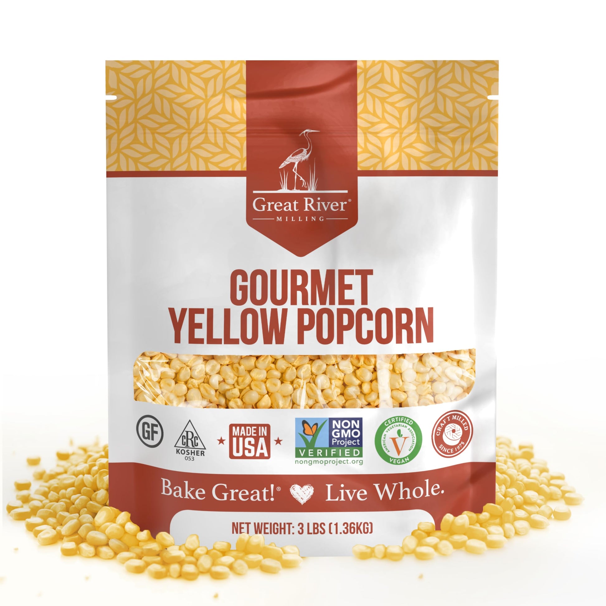 Great River Milling Gourmet Yellow Popcorn Kernels in a 3 lb bag, featuring a vibrant yellow kernel pattern. The packaging highlights various certifications and a "Made in USA" label