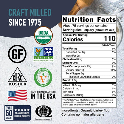 Great River Milling Organic Barley Flour packaging features various certification logos, including USDA Organic and Non-GMO Project Verified, alongside detailed nutrition facts