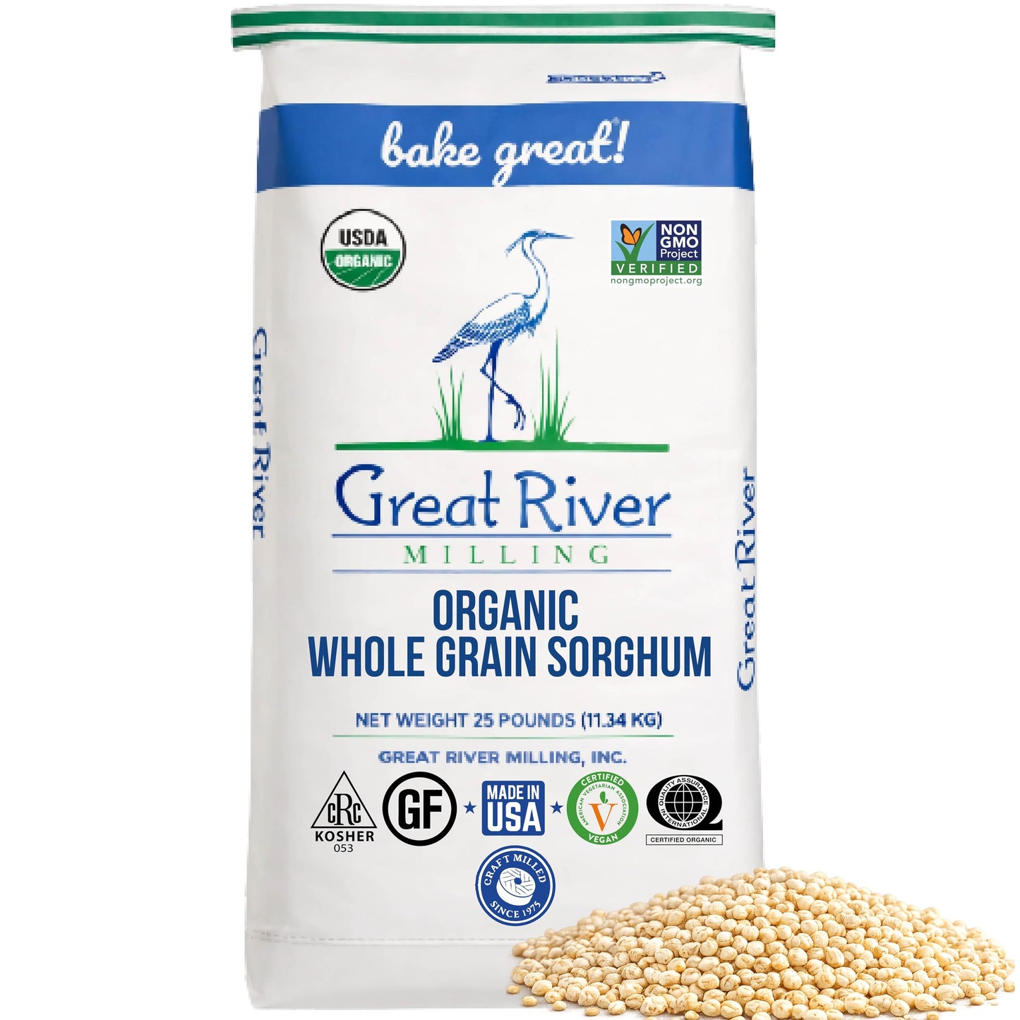 A 25-pound bag of Organic Whole Grain Sorghum featuring USDA Organic and Gluten-Free certification logos is shown beside a small heap of loose sorghum grains—ideal for anyone looking to buy bulk organic sorghum to mill into homemade flour or boost the nutrition in their favorite dishes.