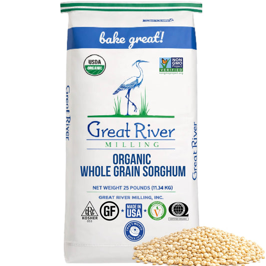 A 25-pound bag of Organic Whole Grain Sorghum featuring USDA Organic and Gluten-Free certification logos is shown beside a small heap of loose sorghum grains—ideal for anyone looking to buy bulk organic sorghum to mill into homemade flour or boost the nutrition in their favorite dishes.