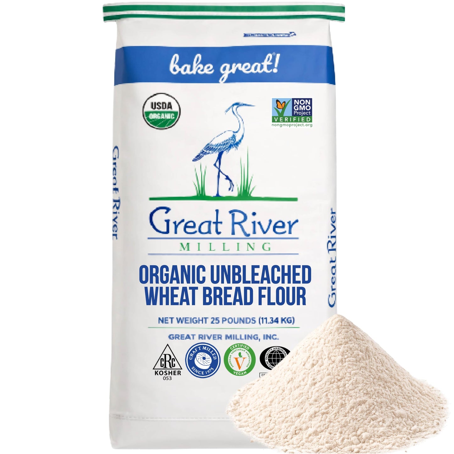 Organic Bread Flour bag from Great River Milling with a mound of flour