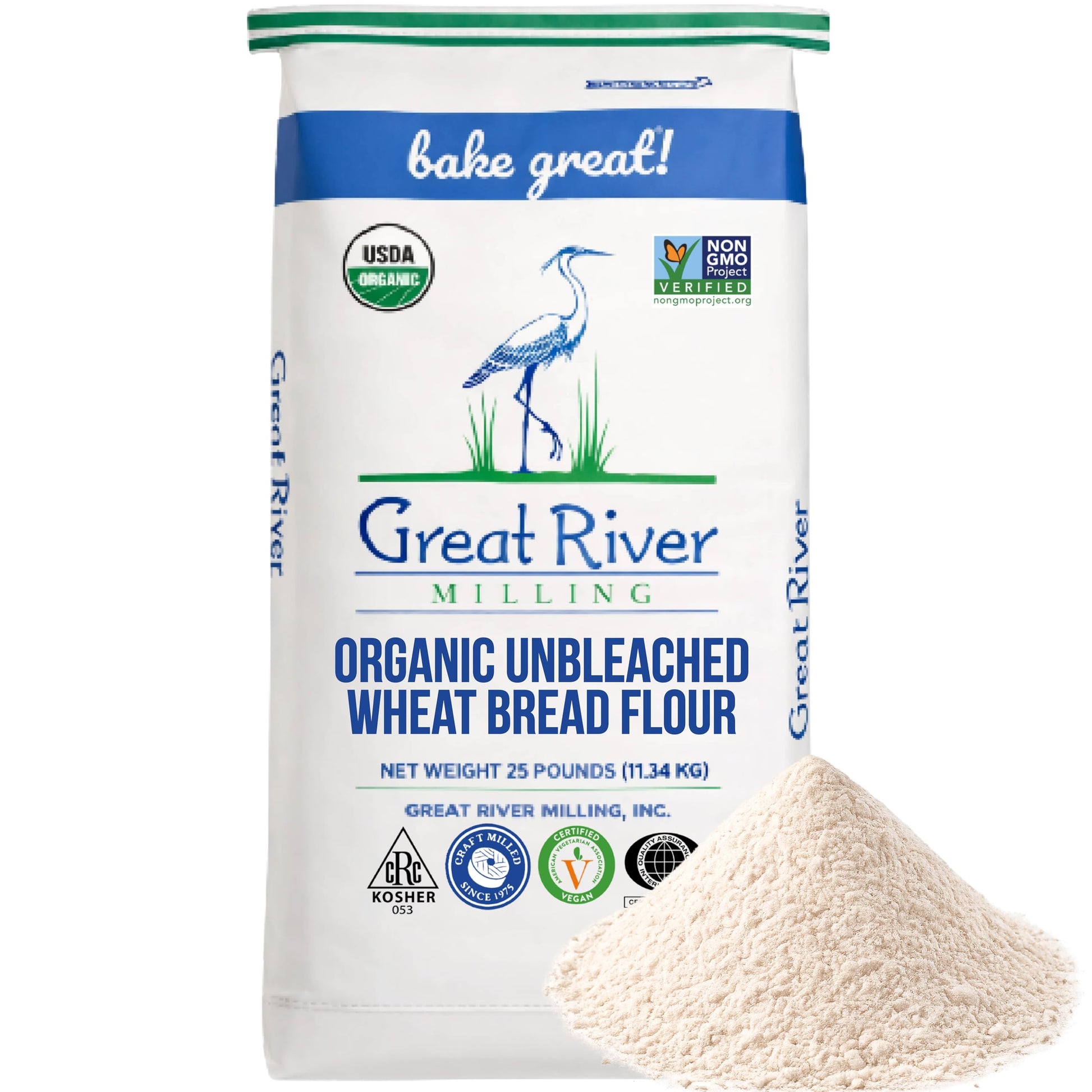 Organic Bread Flour bag from Great River Milling with a mound of flour