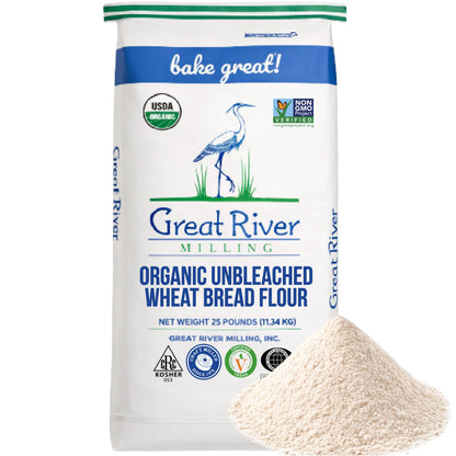Organic Bread Flour bag from Great River Milling with a mound of flour