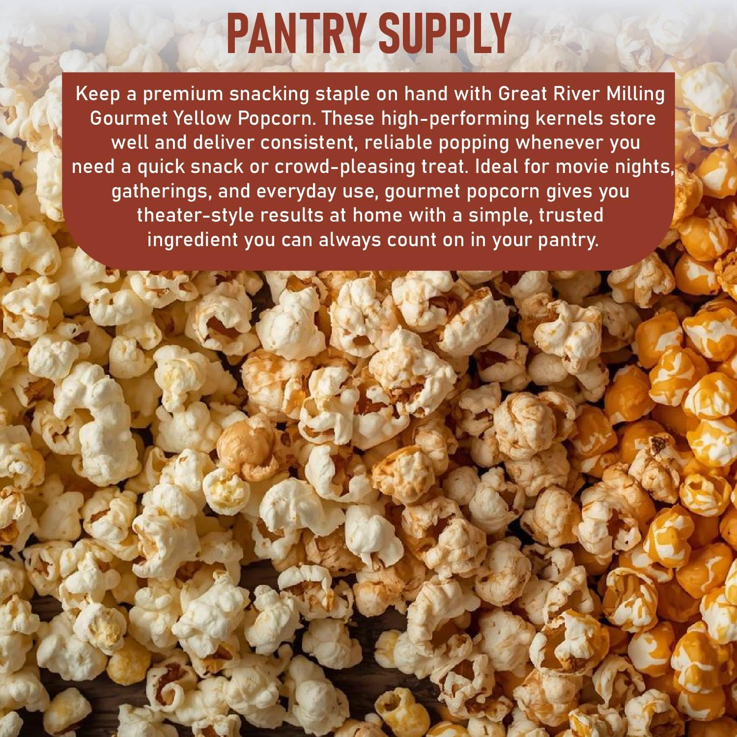 A close-up view of fluffy, golden popcorn scattered across a wooden surface. The popcorn is labeled as Great River Milling Gourmet Yellow Popcorn
