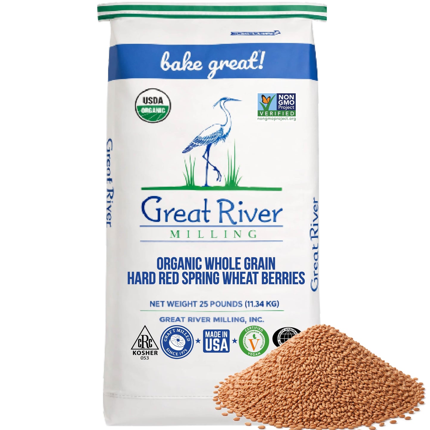 Organic Hard Red Spring Wheat Berries in a Great River Milling bag with a pile of wheat berries
