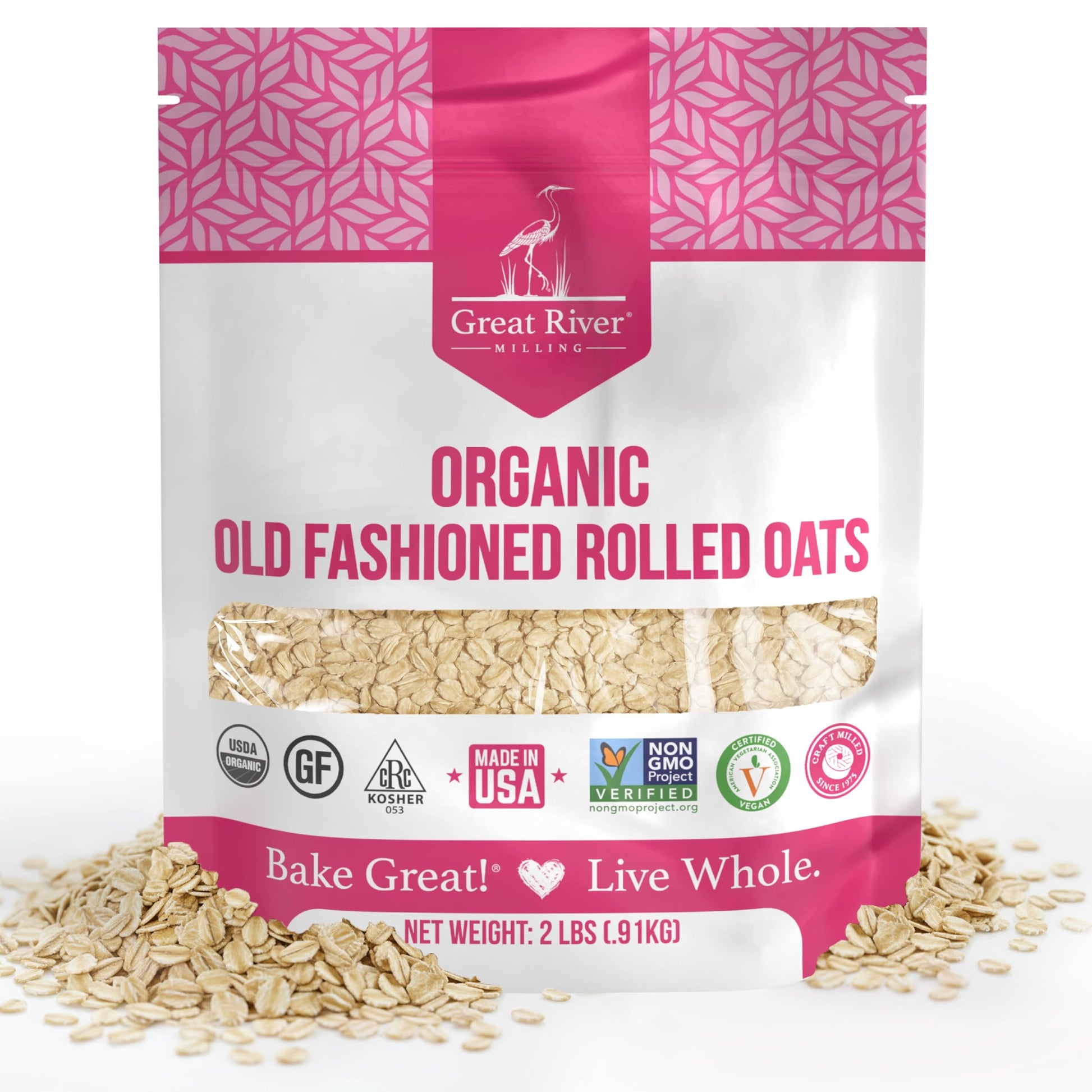 Great River Milling Organic Old-Fashioned Rolled Oats bag with rolled oats visible through the window