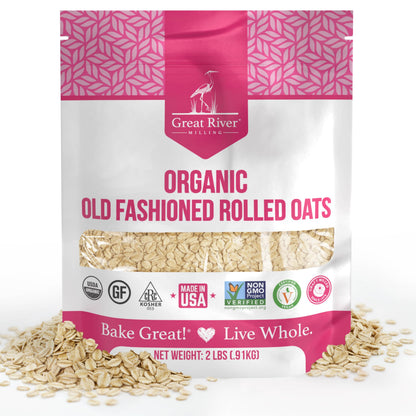 Great River Milling Organic Old-Fashioned Rolled Oats bag with rolled oats visible through the window