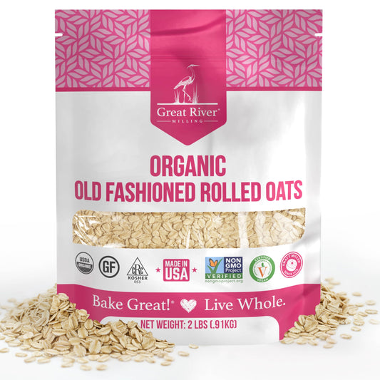 Great River Milling Organic Old-Fashioned Rolled Oats bag with rolled oats visible through the window