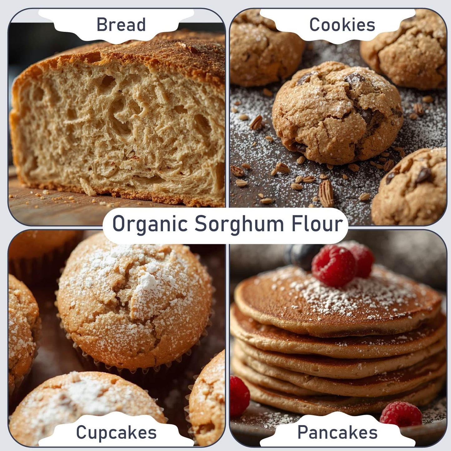 A collage of baked goods made with Great River Milling Organic Sorghum Flour, featuring a crusty loaf of bread, cookies, cupcakes dusted with powdered sugar, and a stack of pancakes topped with berries