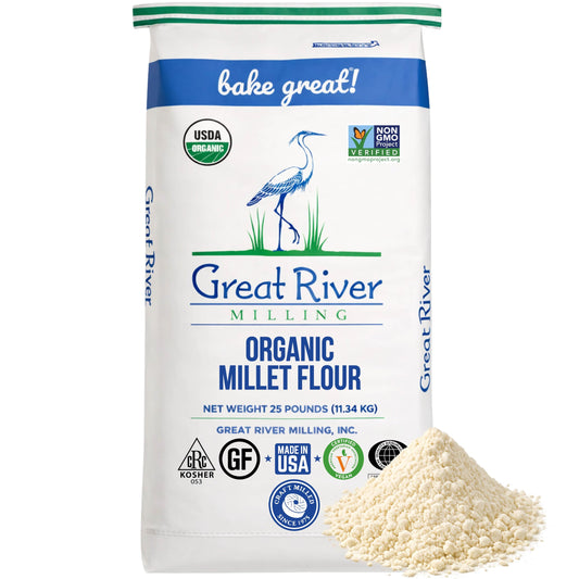 Organic Millet Flour bag with finely milled golden flour from Great River Milling