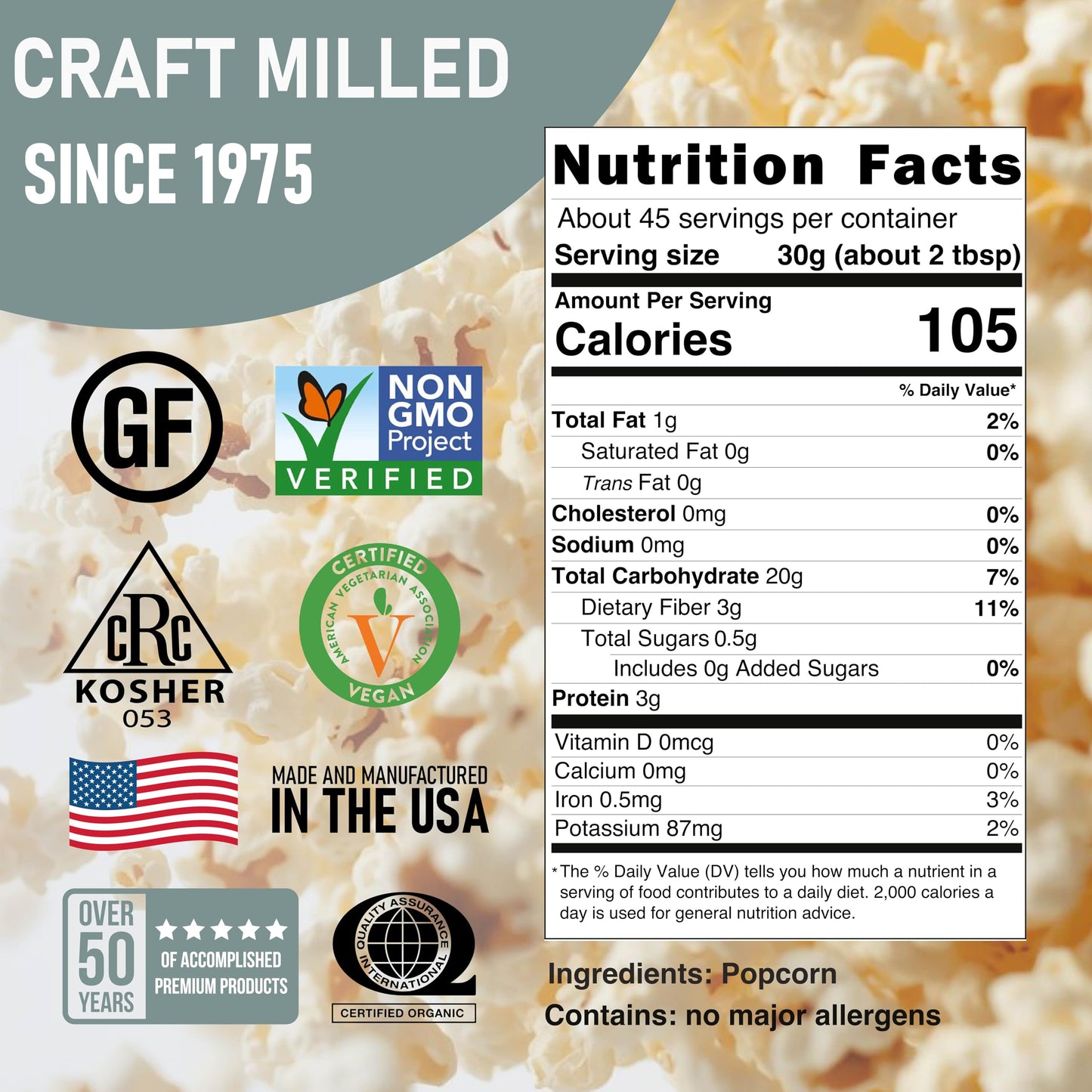 The Great River Milling Gourmet White Popcorn Kernels packaging showcases various certifications, including gluten-free, non-GMO, and vegan, against a popcorn background