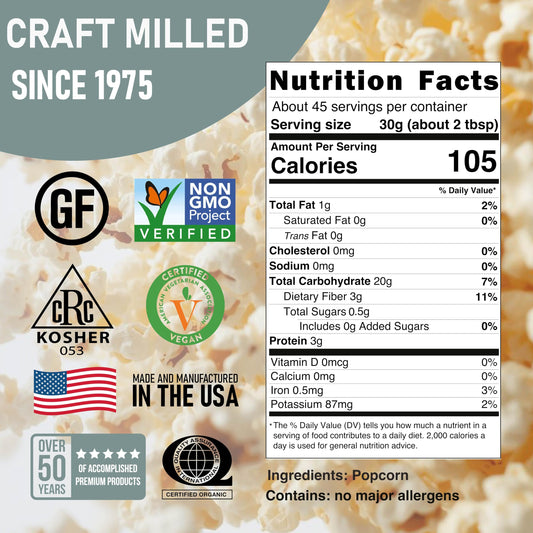 The Great River Milling Gourmet White Popcorn Kernels packaging showcases various certifications, including gluten-free, non-GMO, and vegan, against a popcorn background